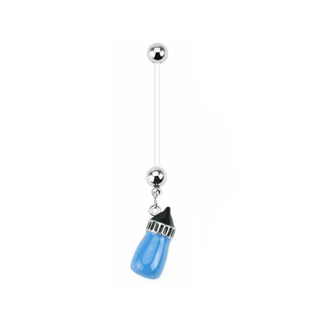Pregnancy Navel Ring – Blue Baby Bottle Dangle – 14G 1” Flexible Bioflex